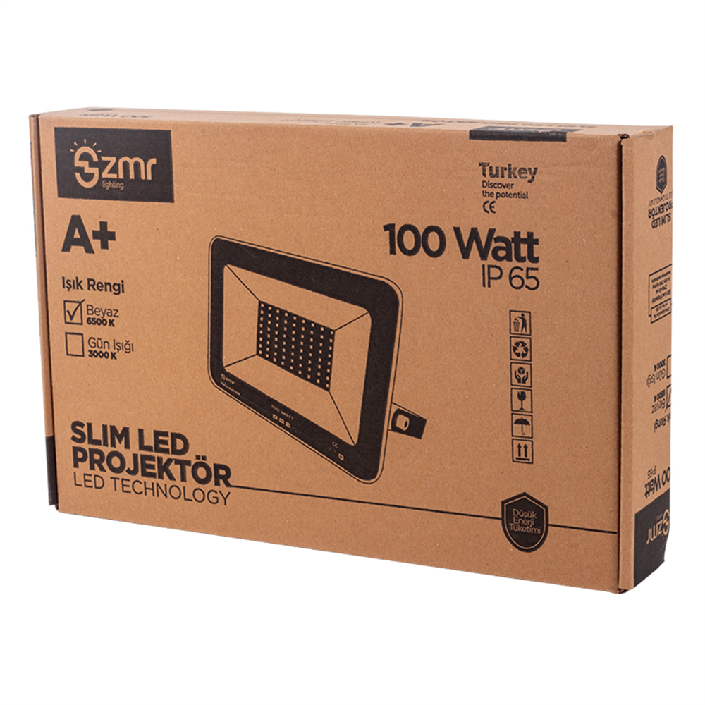 Zmr 100 Watt - 220 Volt 6500k Ip65 150* Işık Açısı Beyaz Slim Kasa Led Projektör